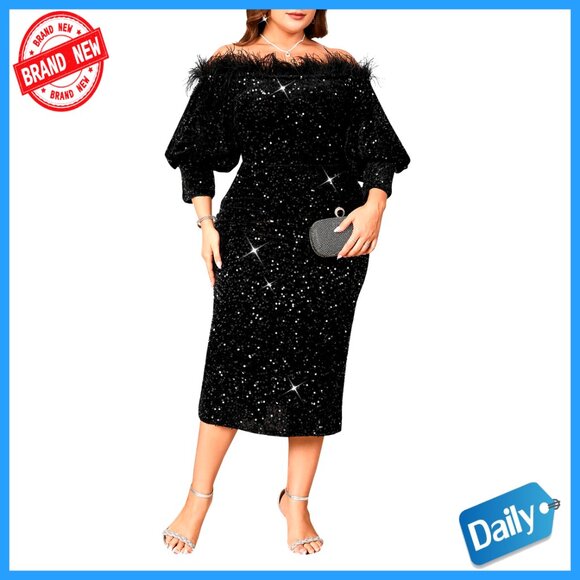 Sequin Off Shoulder Bodycon Midi Dress Formal Party Cocktail Evening Wear